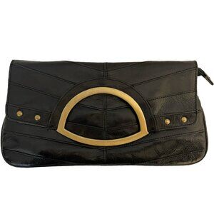Browns Couture Black Leather Clutch 11.5” x 6.25” x 2” Statement Handle